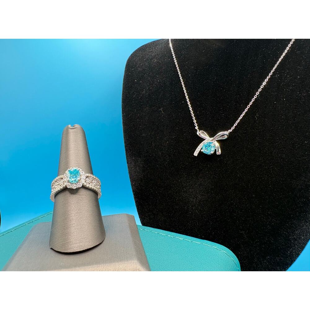 NEW Aquamarine Moissanite Ring & Necklace in PT950 & AU750 - Picture 6 of 12